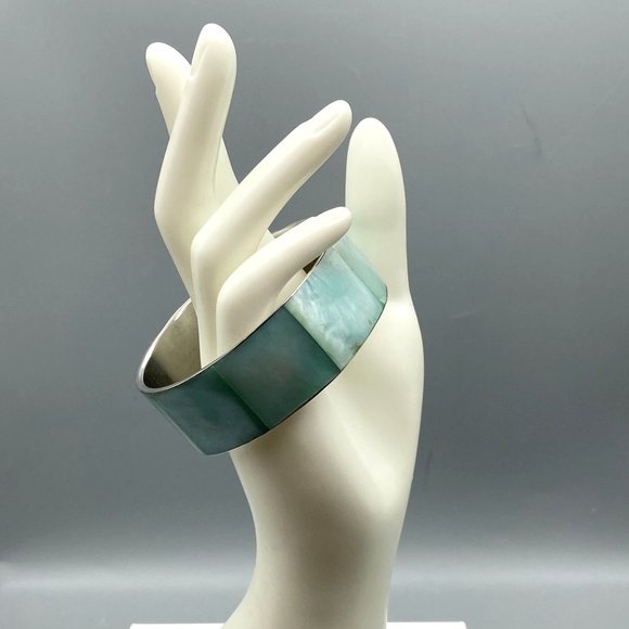 Seafoam Green Mermaid Bangle Bracelet, Silver Tone Wide Band with Ocean Hues Dye - Picture 1 of 3